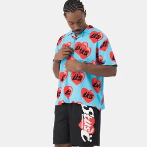 Stussy x CPFM Heart Short Slv Shirt Blue Red Collared Men L Streetwear Y2K Urban
